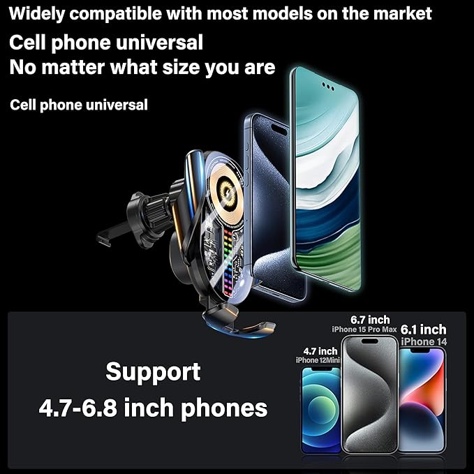 15W Car Phone Holder Wireless Charger - Auto Sensing Clamping 3-Axis Adjustable 360° Rotation Fast Charging Phone Holders for Your Car Vent Clip Slim Design with Unisex for iPhone Android Samsung