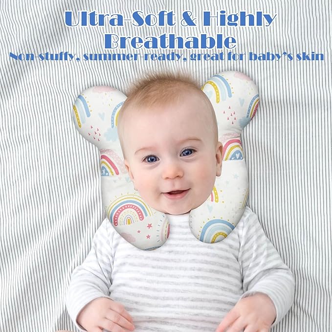 Baby Head Support Pillow for Newborn Toddler, Baby Neck Pillow Upgraded Comfortable Sleep Cushion for Car Plane Stroller Pushchair - Rainbow A