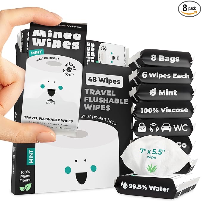 Impossibly Compact Travel Flushable Wipes - 99.5% Water and Aloe - Safe for Sensitive Skin - Travel Essentials for Adults, Kids & Babycare, Mint, 8 Pack 48 Wipes