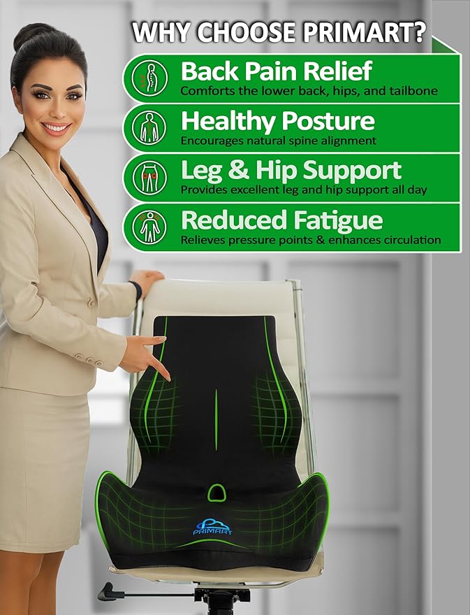 Ergonomic Memory Foam Seat Cushion for Office Chair, Car Seat, Dining, Gaming Chair & Wheelchair, Full Back & Lumbar Support Pillow One Piece, Back Pain Relief, Coccyx, Tailbone & Sciatica Pain Relief