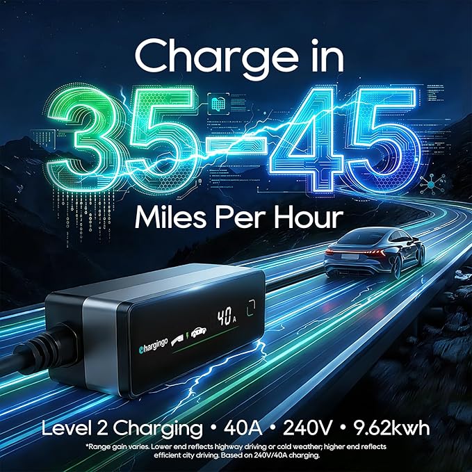 Level 2 EV Charger for Tesla (NACS Connector), 40A 240V NEMA 14-50 Plug, 25FT Cable Portable EV Charger for Home/Outdoor, Adjustable 16-40A with LCD Display, ETL Certified Fast Charging