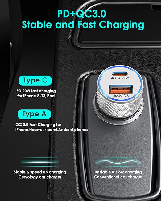 iPhone Fast Car Charger,[Apple Certfied] 38W Dual USB C Car Charger Adapter All Metal 2 Port Quick Charging with 2Pack Apple Lightning Cable for iPhone 13 Pro Max Mini 12 11 Xr Xs X 8 AirPods iPad