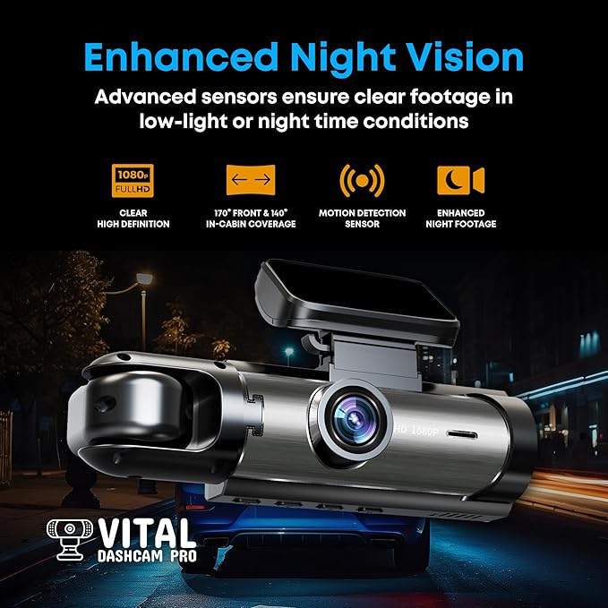 Vital Dash Camera Pro 2026 Dashcam Front and Rear Camera for Cars Dual Car Camera with Night Vision, G-Sensor 24/7 Parking Surveillance, Loop Recording, Wide Angle Easy Setup Vital Dash Cam Pro FHD