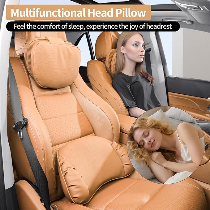 Car Headrest Pillow for Driving, Dual-Sided Leather Design Neck Pillow, Breathable Softness Neck Support, Universal Fit Head Rest Travel Pillow, Palomino Brown, 1 Pack