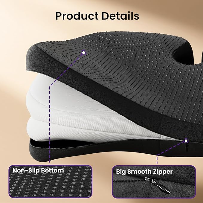 Seat Cushions for Office Chairs, Car Seat - Patented Coccyx Cushion for Tailbone Pain - Memory Foam Butt Cushion for Pressure Relief - Carry Handle & Non Slip Bottom (Black)