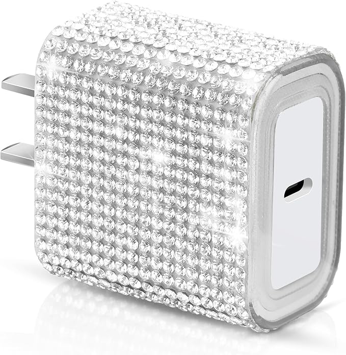 Aolcev for iPhone Charger Fast Charging Bling USB C Charging Block 30W Rhinestones Type C Charger Blocks for iPhone 17 16 15 14 13 12 iPad Bling Fast USB C Adapter for Samsung S26 S25 S24 S23 Sliver