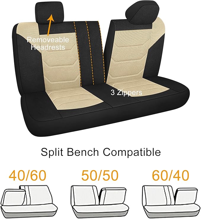 3D Air Mesh Car Seat Cover Full Sets Washable and Breathable Premium Cloth Automotive Vehicle Seat Covers for Cars Interior, Universal Fit for Most Cars, Sedan, Truck, SUV(Black/Beige)