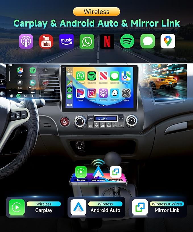 4G 128G Car Stereo for Honda Civic 2006 2007 2008 2009 2010 2011 Radio,10.1" Incell Touchscreen Wireless Carplay Android Auto 36EQ Bluetooth 5.0 Android 15 GPS WiFi FM/RDS Backup Camera