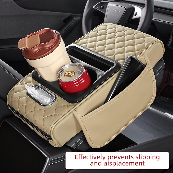 5 in 1 Car Center Console Cover, Armrest Pad with 2 Storage Pockets, Cup Holder, Tissue Box Slot, Phone Holder, Universal Car Interior Organizer (Beige)