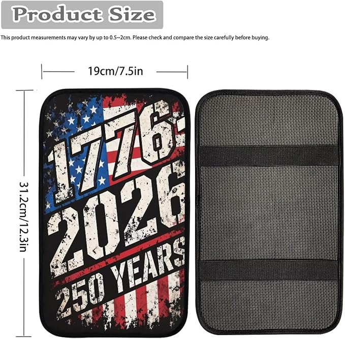 Dreaweet 1776-2026 250 Years Flag Print Arm Rest Cover for Car Soft Scratch-Proof Center Console Cover Pad Universal Armrest Cover for SUV Truck Sedan