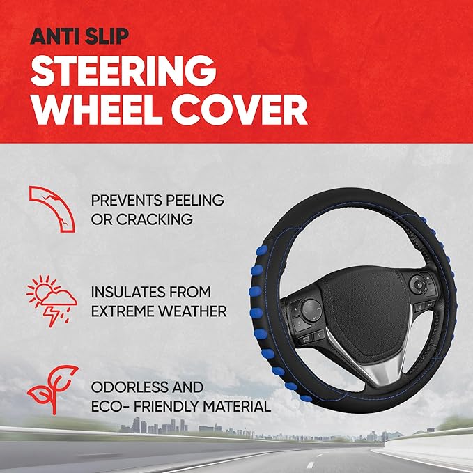 Motor Trend FlexGrip Blue Steering Wheel Cover for Cars – Standard 15 inch Car Steering Wheel Cover, Steering Wheel Protector for Auto Truck Van SUV