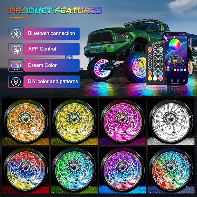 Nilight 4PCS 17.5inch Double Row Wheel Ring Lights Dream Color with APP and Remote Control Neon Lights w/Turn Signal and Braking Function Dual Row for Car Van SUV Truck