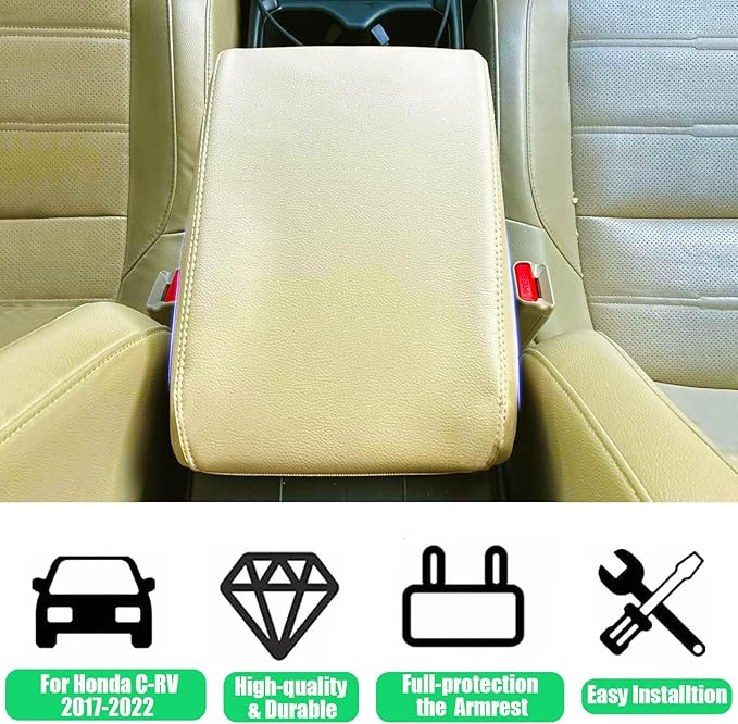 for Honda CRV 2017-2022 Center Console Cover - Vegan Leather Extra Soft Armrest Cover for Honda CR-V Interior Accessories 2017 2018 2019 2020 2021 2022（Beige）
