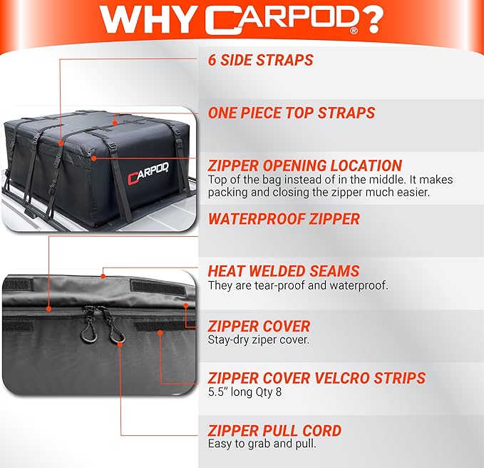 Car Rooftop Cargo Carrier Bag, 15 Cubic ft. 100% Waterproof Roof Bag & Zippers, for All Cars with/Without Racks, 10 Heavy Duty Straps 1.5” Wide, Heat Welded Seams, Roof Pad +Storage Bag +6 Door Hooks