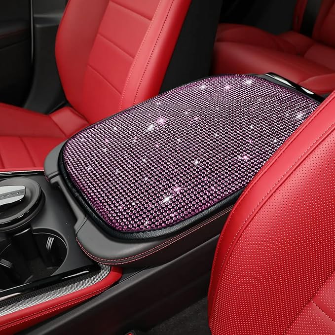 Bling Car Center Console Cover, Car Armrest Cover, Diamond Rhinestone Auto Center Console Cover Protector, Universal Arm Rest Cushion Pads Car Interior Accessories for Vehicles, SUVs (Pink)