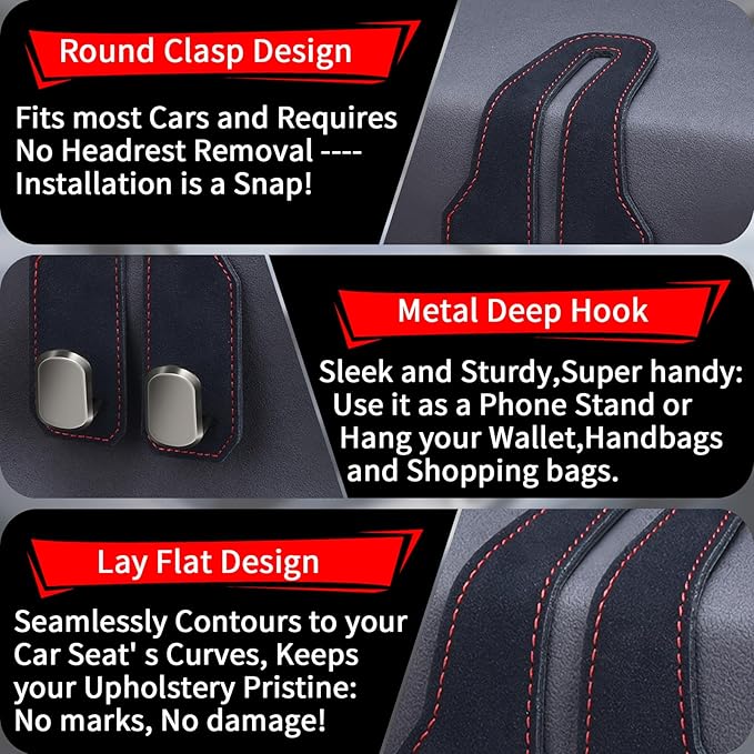 Car Seat Headrest Hooks for Purses and Bags, 4 Pack Bag Purse Holder for Car With Double Metal Hooks, Car Purse Hanger, Headrest Back Seat Handbags Hook Cute Hanging Accessories, Black