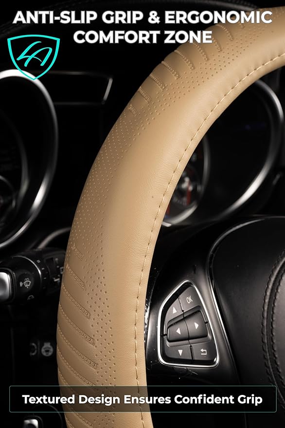 Lord Autofashion Steering Wheel Cover – PU Leather, Non-Slip Rubber Inner, All-Season Comfort – 14.5–15 Inch (Beige 9356)
