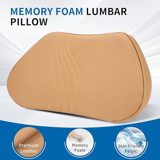 Lumbar Support Pillow for Car Seat, Office Chair Nappa Leather Memory Foam Lower Back Cushion for Back Pain Relief Improve Posture, Ergonomic Back Rest for Gaming Chair, Palomino, 1PC