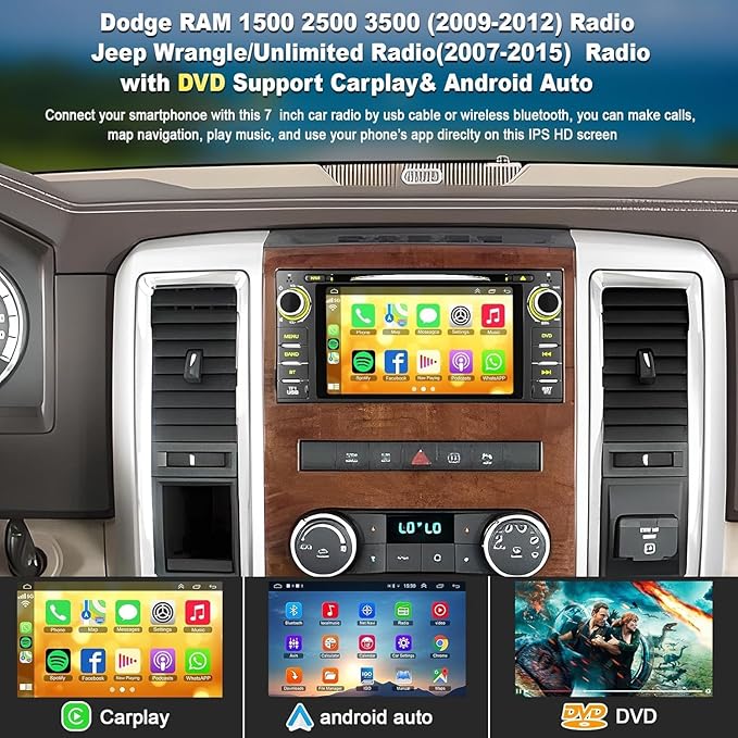 Car Radio Stereo with CD/DVD Player for Dodge RAM 1500 2500 3500 (2009-2012), for Jeep Wrangle/Unlimited (2007-2015),7 Inch Head Unit with CarPlay & Android Auto,Bluetooth & GPS Navigation