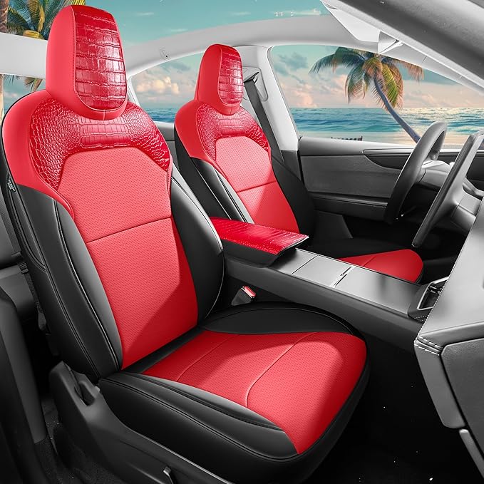 Seat Cover for Tesla Model Y Juniper 2025-2026 Custom Fit Leather Seat Cover Full Set (Crocodile Red+Black 25-26)
