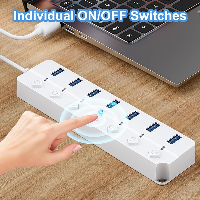 ONFINIO USB Hub 3.0, 7-Port USB Hub Splitter with Individual On/Off Switches and Lights, 3.2ft/1m Long Cable Compatible with MacBook, Laptop, Surface Pro, PS4, PC, Flash Drive, Mobile HDD-White