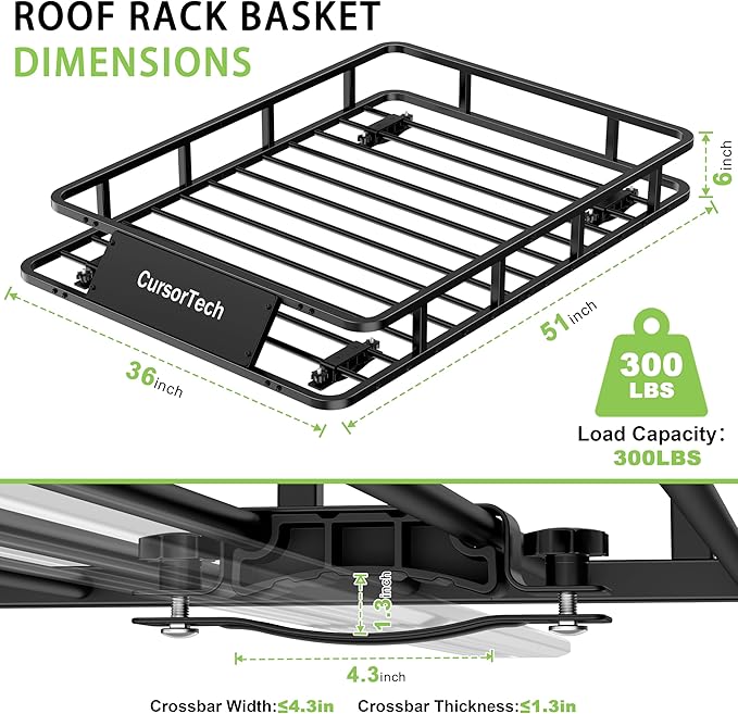 Roof Rack Basket 51"x36" Universal Heavy Duty Rooftop Cargo Carrier 300 lbs Capacity Steel Vehicle Cargo Rack Basket Luggage Holder for SUV Truck Car Travel & Camping Storage