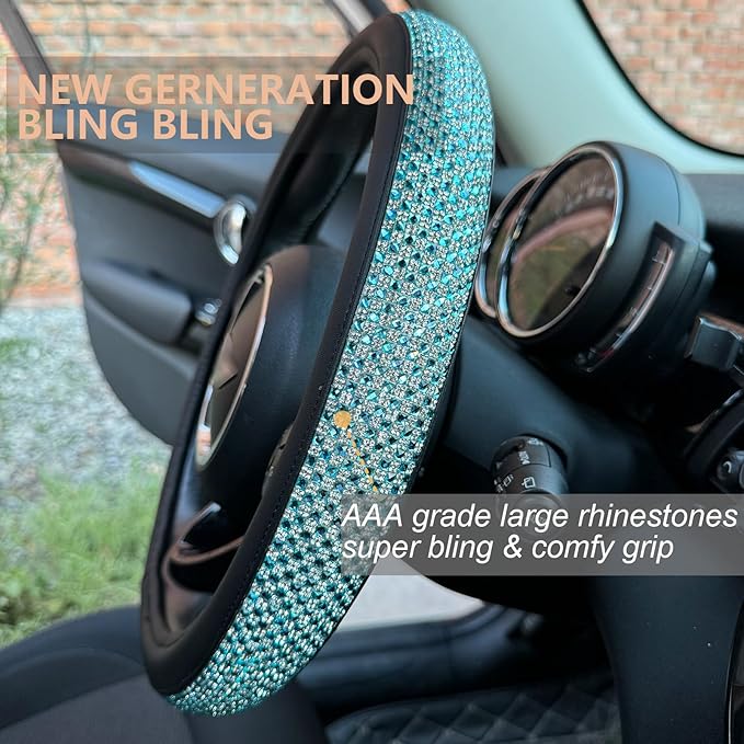 PINCTROT Large Size Bling Comfy Steering Wheel Cover with Jumbo Crystal Rhinestones, Anti-Slip Diamond Leather, 15.5-15.75 Inch (Sky Blue)