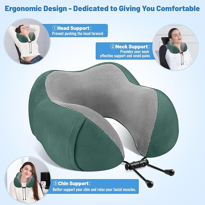 CloudBliss Travel Pillow Premium Memory Foam, Comfortable & Supportive Neck Pillow, Sleeping Neck Pillows for Travel, Airplane Pillow for Sleeping Airplane, Car, Office and Home（Green）