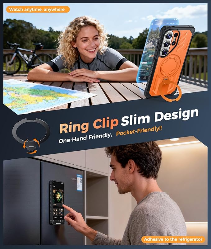 FNTCASE for Samsung Galaxy S26-Ultra Case: [360 Spin Magnetic Ring Kickstand] [Compatible for MagSafe] [Screen Protector] Heavy Duty Military Grade Protection Protective Phone Case with Stand Orange