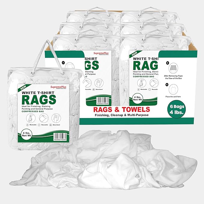 Premium New White Cotton Knit T-Shirt Rags (4 lbs. Bag - Pack of 6) - Lint-Free, Soft & Absorbent Cleaning Cloths for Auto, Paint, Garage, Staining & Polishing