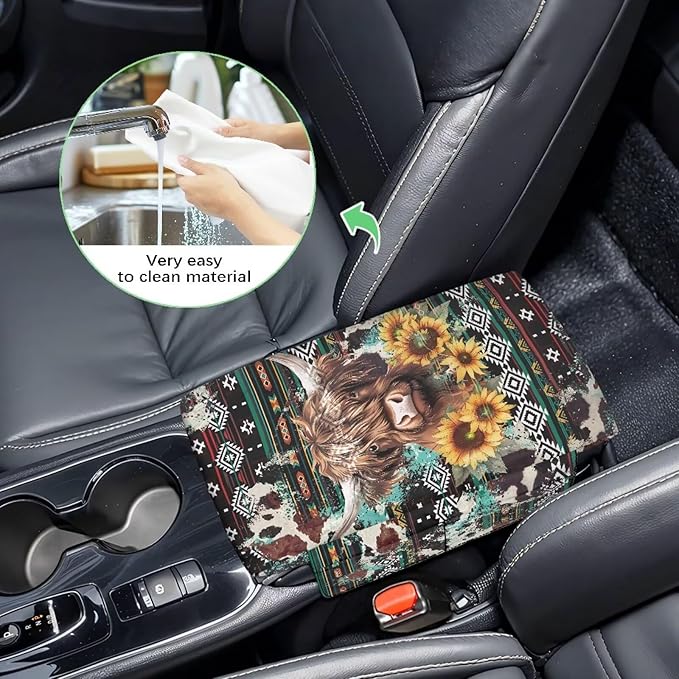 Wanyint Aztec Highland Cow Sunflower Car Center Console Cover Soft Armrest Cover Protector Wear-Resistant Non-Slip Middle Console Pad Protective Cover for Car Storage Box Universal Fit