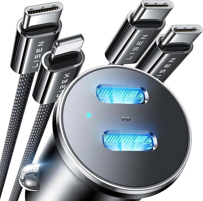 LISEN 90W USB C Car Charger Fast Charging for iPhone 17 Car Charger USB C Fast Charge, Type C Car Charger for iPhone 17 Pro Max 16 15 14 13 12 11, for Samsung S26 S25 S24 [Lighning&USB-C] Mothers Day