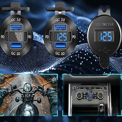 12 Volt USB Charger, 12v USB 4-Port Aluminum Alloy USB C Outlet with LED Voltmeter,Dual PD3.0 & QC3.0 for 12/24V Car Golf Cart Boat Marine Bus Truck RV Marine Motorcycle etc (Pack of Two)