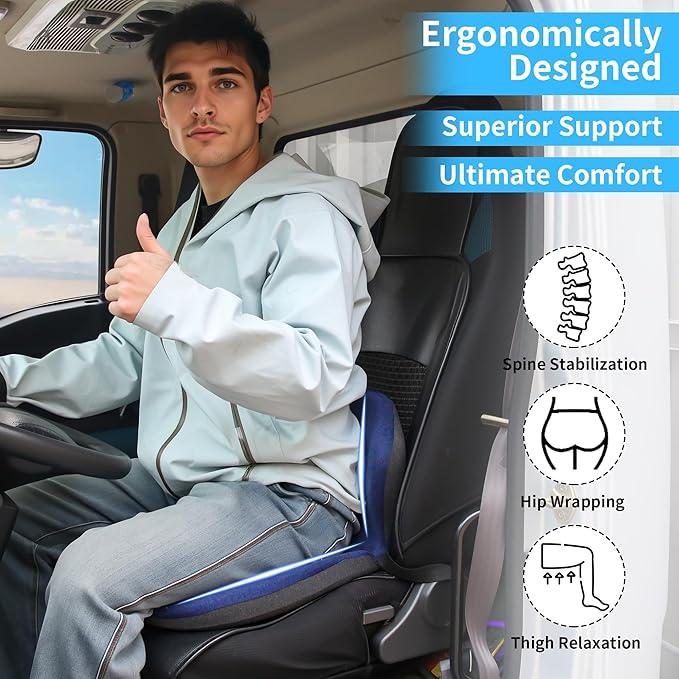 Memory Foam Truck Seat Cushion & Lumbar Support Set – Ergonomic U-Shape Tailbone Relief + L-Shape Back Cushion for Long-Haul Semi/Pickup Drivers Breathathable Cover Non-Slip Bottom Dark Blue