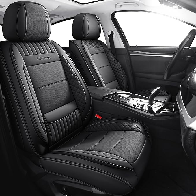 Chezope Leather Seat Covers, Black Car Seat Covers Front Pair, Breathable Car Seat Protectors, Wear-Resistant Car Accessories, Universal Fit for Most Cars,SUVs Truck (Black-Stripes, Front Pair)