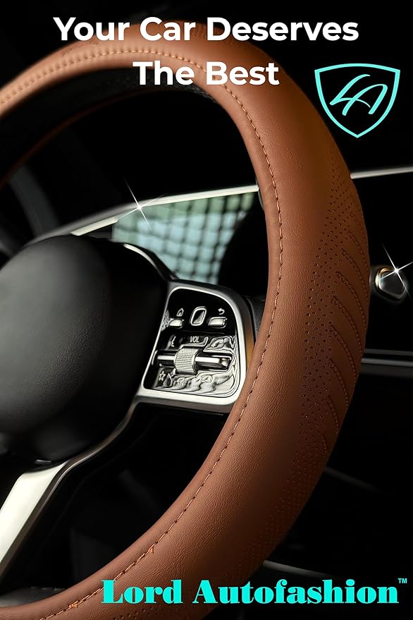 Lord Autofashion Steering Wheel Cover – PU Leather, Non-Slip Rubber Inner, All-Season Comfort – 14.5–15 Inch (Tan 9356)