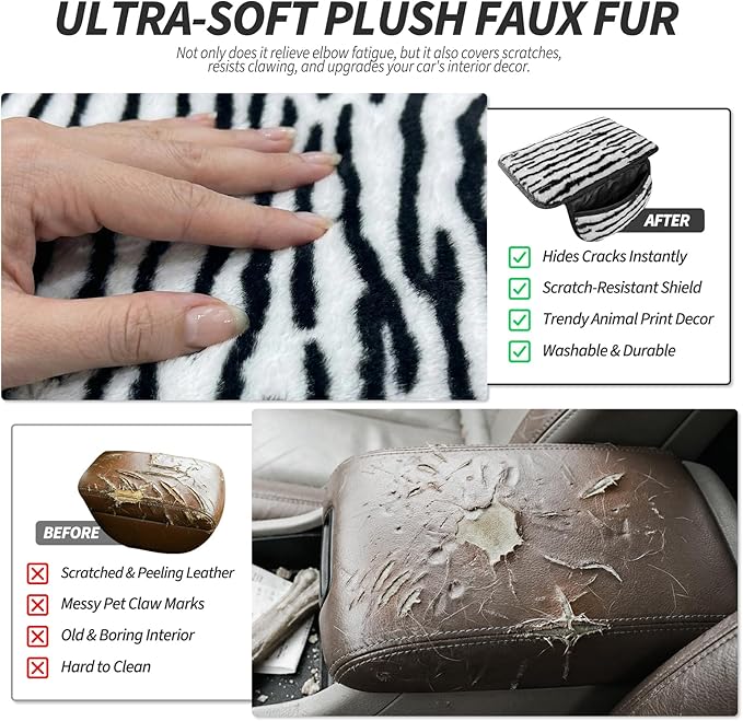 Plush ZebraPrint Car Center Console Cover with Side Pockets, Fluffy Armrest Cushion Pad,Soft Zebra Car Interior Decorations Accessories with Storage for Women,Universal Fit for Vehicles SUV Truck