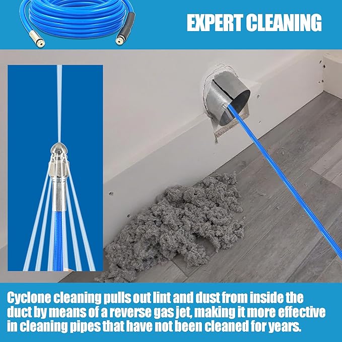 Dryer Vent Cleaner Kit - 32ft Pressure Hose + 1/4 Air Quick Connect + 2 Jetter Nozzle for Powerful Lint Removal, Fire Hazard Reduction & Energy Savings – Ideal for Cleaning Long Dryer Ducts