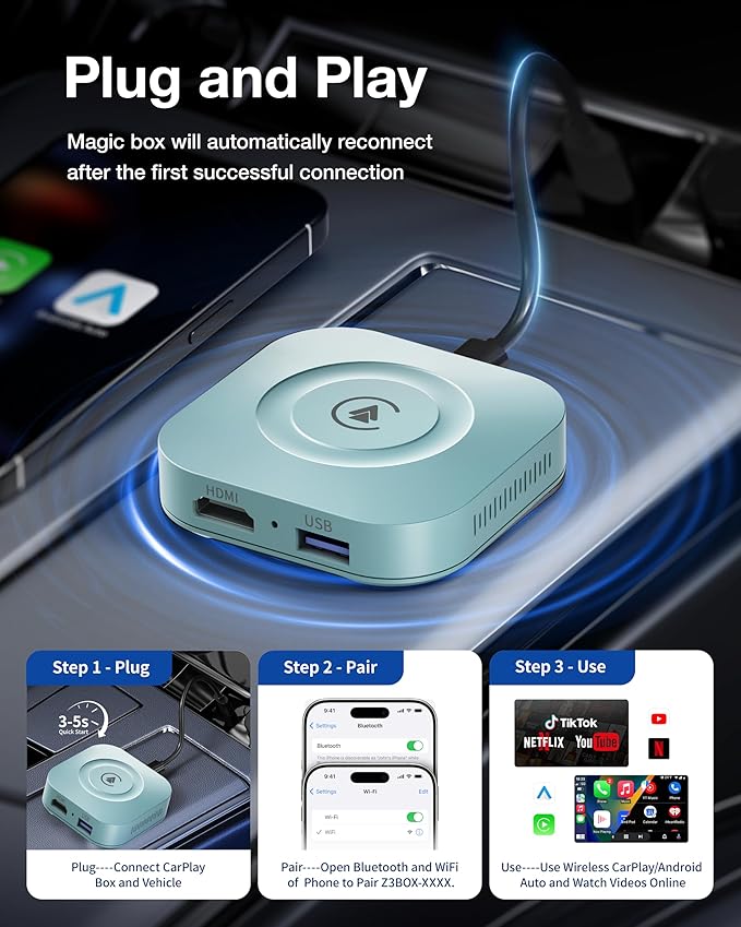 Magic Box 2026 Wireless CarPlay Adapter, AI Box Android Auto Supports Strea-ming Video for TikTok/YouTube, USB for Offline Media, Screen Mirroring Car Adapter for Factory Wired Car Play