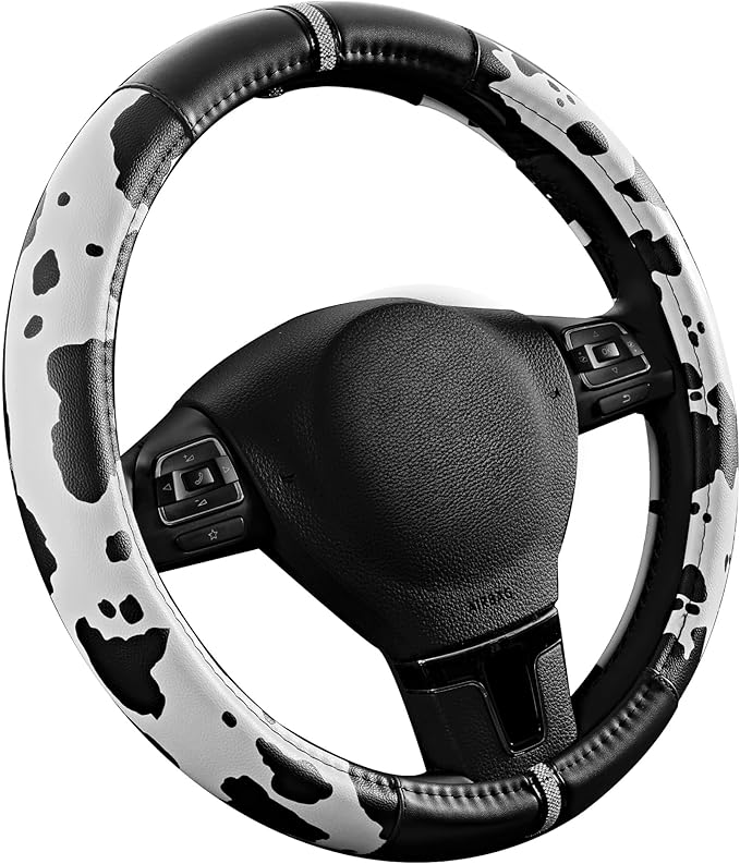 Road Comforts Cow Pattern Steering Wheel Cover - Made with PVC Leather - Anti-Slip, Universal Fit 14 1/2 inches to 15 inches