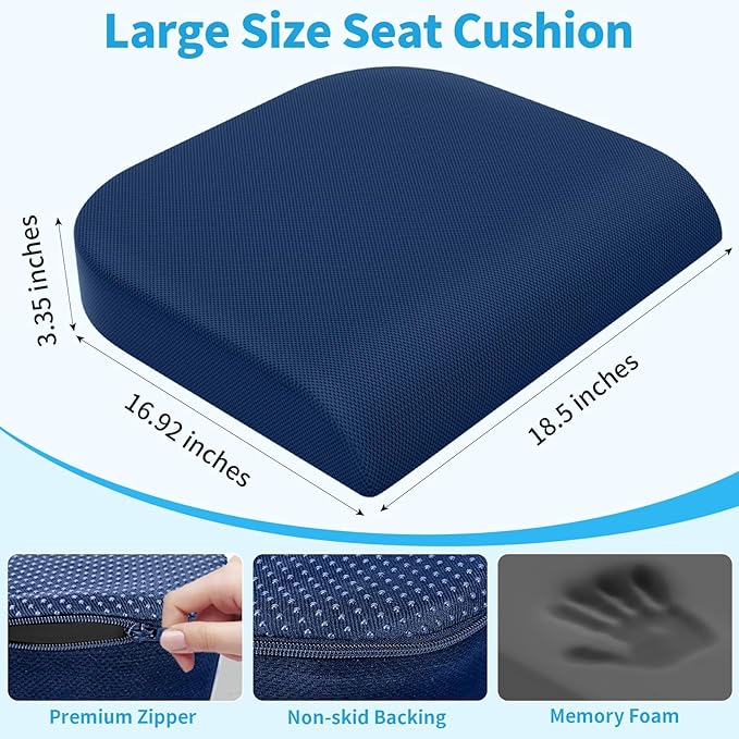 XLarge Seat Cushion, Memory Foam Cushion for Long Sitting Hours on Office Chair, Home & Car, Non-Slip Chair Pad for Relieving Back & Sciatica & Hip & Coccyx Pain (Blue)