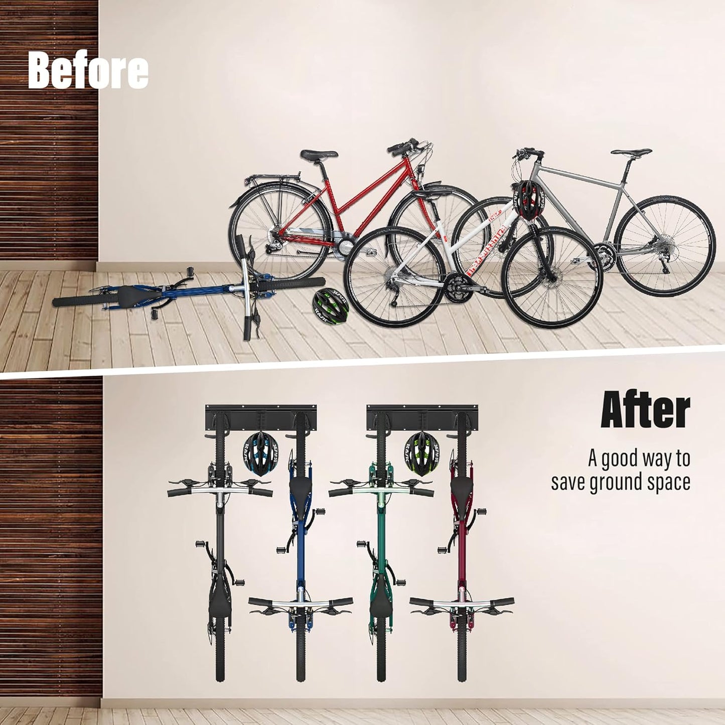 Sinoer Bike wall mount, Bicycle Wall Bracket for 6 Bike+6 Helmets, bike racks for Garage/Home, Vertical Cycling Hanger, Holder for Road Bicycles - 4 Rails