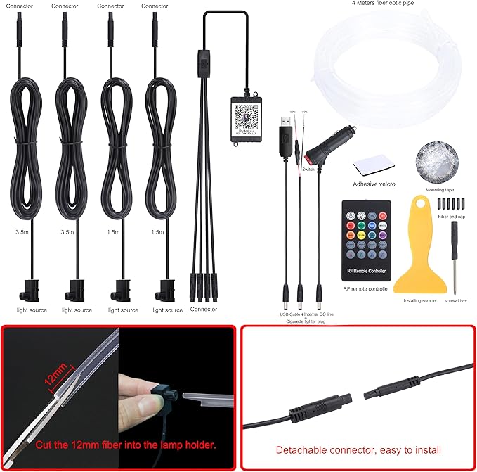 4 m Optic Fiber Car Ambient Lighting Kit Bluetooth App Control + RF Remote Control 64 Colors Multicoloured Music Interior Lighting Kit 12V 1W