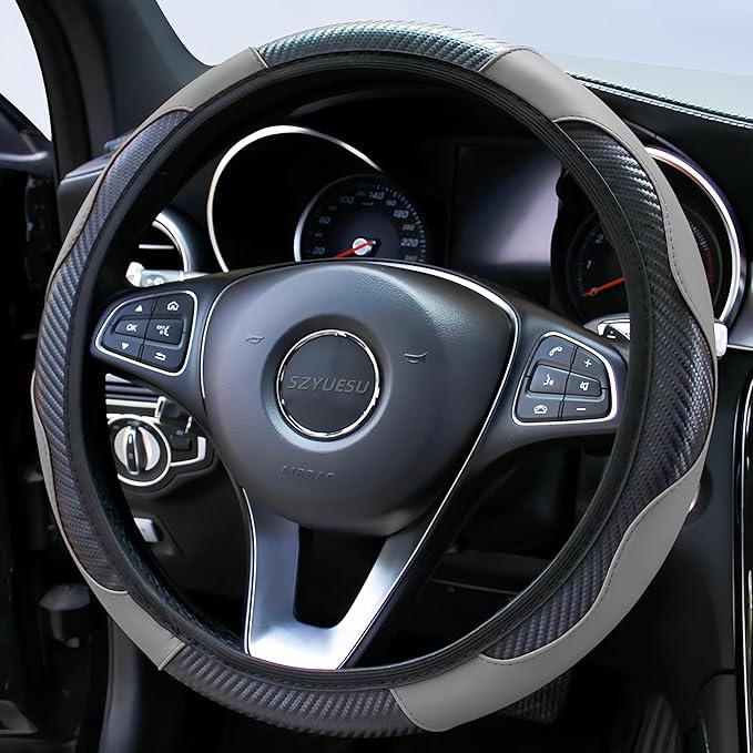 Car Steering Wheel Cover, 15 inch Microfiber Leather Carbon Fiber Soft Anti-Slip Breathable, Universal Size Elastic Car Accessory for Most Cars (Grey)
