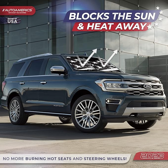 Autoamerics 2-Piece Windshield Sun Shade - B&W USA Flag Foldable Car Front Window Sunshade for Most Cars SUV Truck Heat Blocker Visor Protector Blocks Max UV Rays and Keeps Your Vehicle Cool - Medium