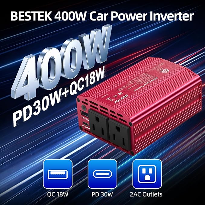 Bestek 400W Car Power Inverter for Vehicles – DC 12v to AC 110v Car Plug Adapter Outlet with PD 30W USB-C &USB-A 3.0 Fast Charging, Car Charger Cigarette Lighter Adapter for Laptop, Road Trip, Camping