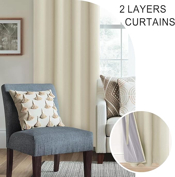 XWZO 100% Blackout Curtains - Heat and Full Light Blocking Drapes with Black Liner for Bedroom/Laundry Room, Grommet Top Window Panels with Tiebacks, Beige, W42 x L72, Set of 2
