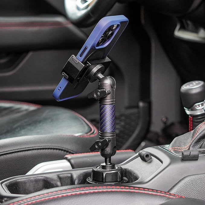 Bulletpoint Adjustable Universal Cup Phone Holder for Car with Carbon Fiber Kevlar Arm Compatible with iPhone Samsung Google Smartphones (Universal Phone Holder)
