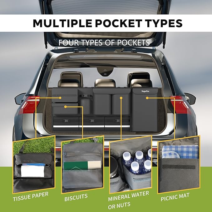 SugarFox Backseat Hanging Trunk Organizer for SUVs, Cars, Trucks & MPVs | Multi-Pocket Storage with Anti-Slip Straps | Space-Saving Auto Accessory | Gift for Drivers | Black, 37.8" x 18.1" - K230