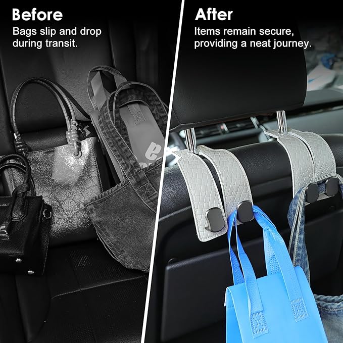KINIVA Car Seat Headrest Storage Hooks, Set of 2, Suede PU Leather, Double Hooks (07-Grey)